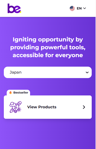 BE公式サイトで国をJapanにしてView Productsを選ぶスマートフォン画面